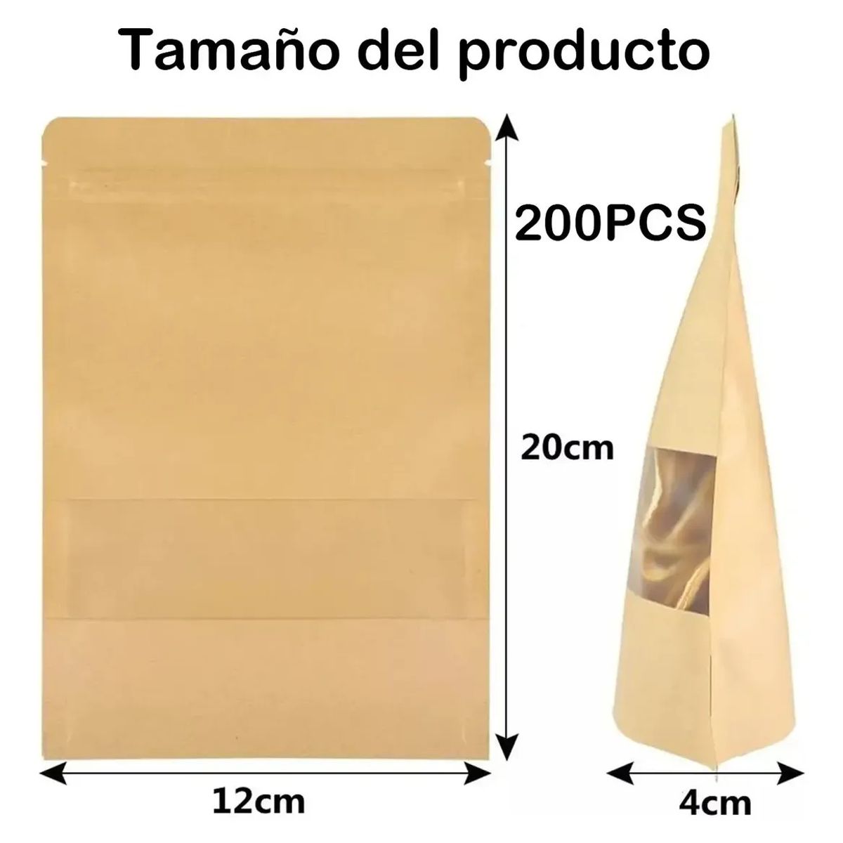 KUANGYE - 200 Bolsas Stand Up Pouch Kraft Con Ventana 12x20x4 Cms