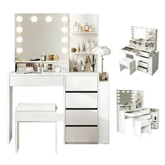 WUWAWDOGA - Tocador Moderno Iluminado Con Luz Espejo Y Cajon Con Taburete 140x105x40cm Blanco