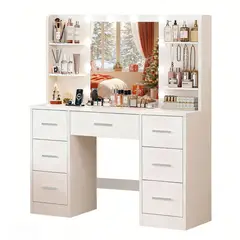 WUWAWDOGA - Tocador Moderno Multifuncional Iluminado Con Luz Espejo Y Cajon 137x110x40 cm Blanco