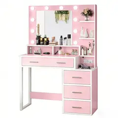 WUWAWDOGA - Tocador Moderno Iluminado Con Luz Espejo Y Cajon Dormitorio Rosa 125x92x40cm