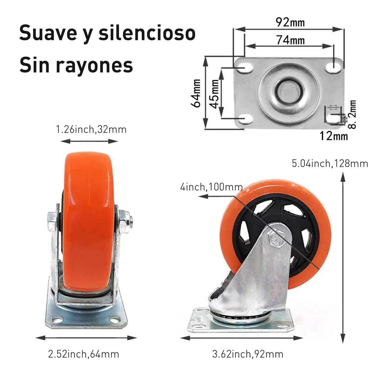 KUANGYE - Ruedas Giratorias Con Freno Naranja Dicas Poliuretano 4 Set De 4 Unidades