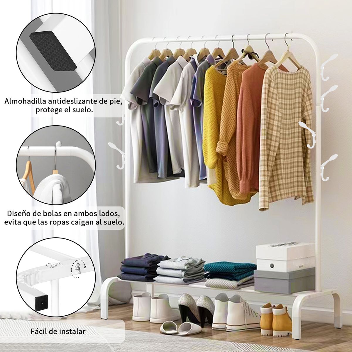 VIDITA - Perchero Organizador Colgante De Ropa Tubo 25mm Con Ganchos Blanco
