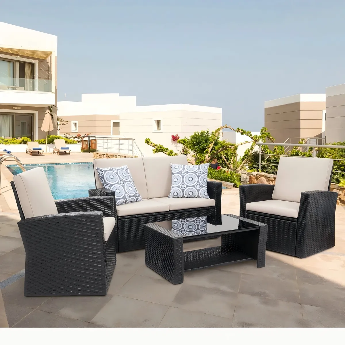 ELEMENT DESIGN - Juego de Living de Terraza 4 Personas de Ratán Sintético Marrón