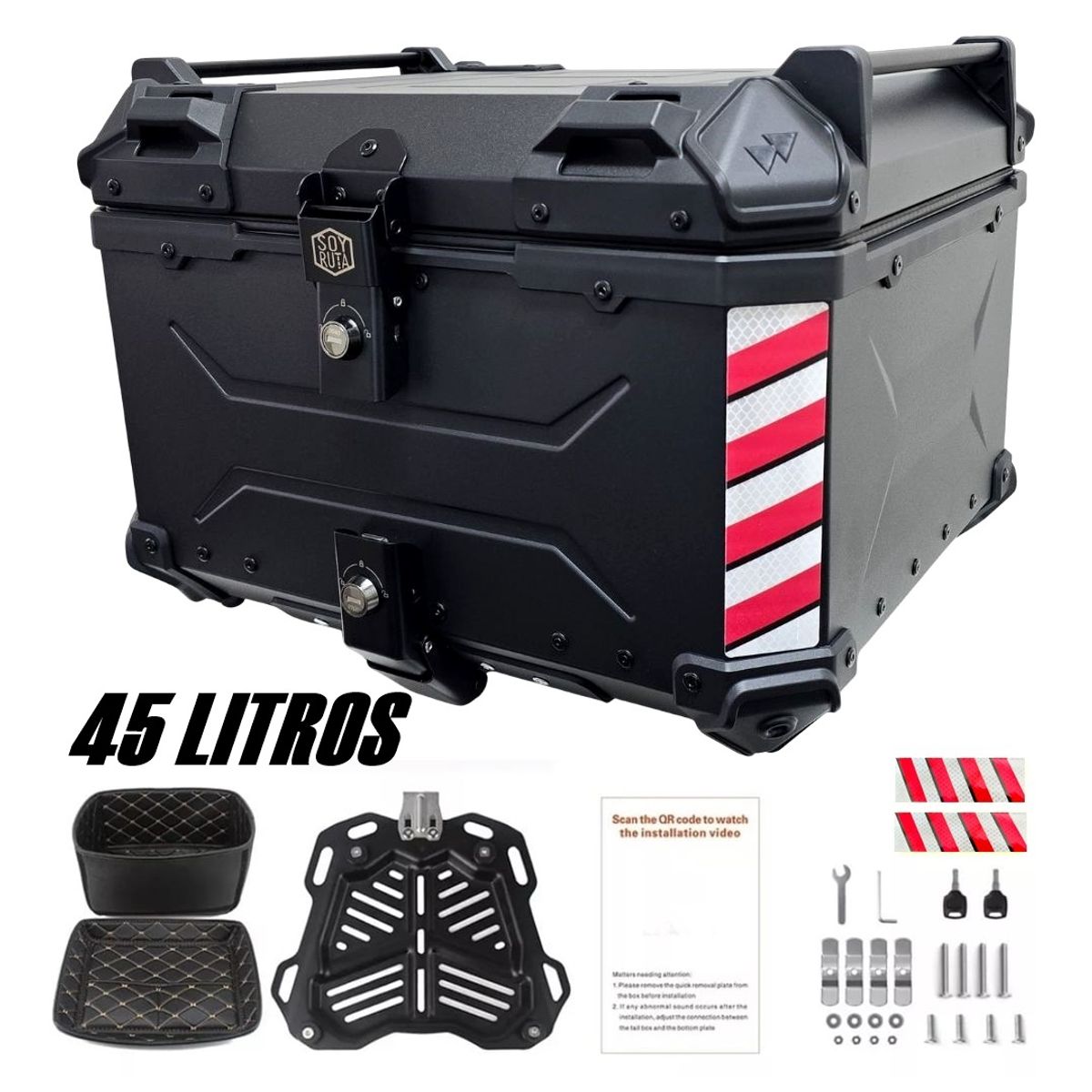 GENERICO - Maleta de moto Top case 45 litros Aluminio 2mm Negro desmontable prémium