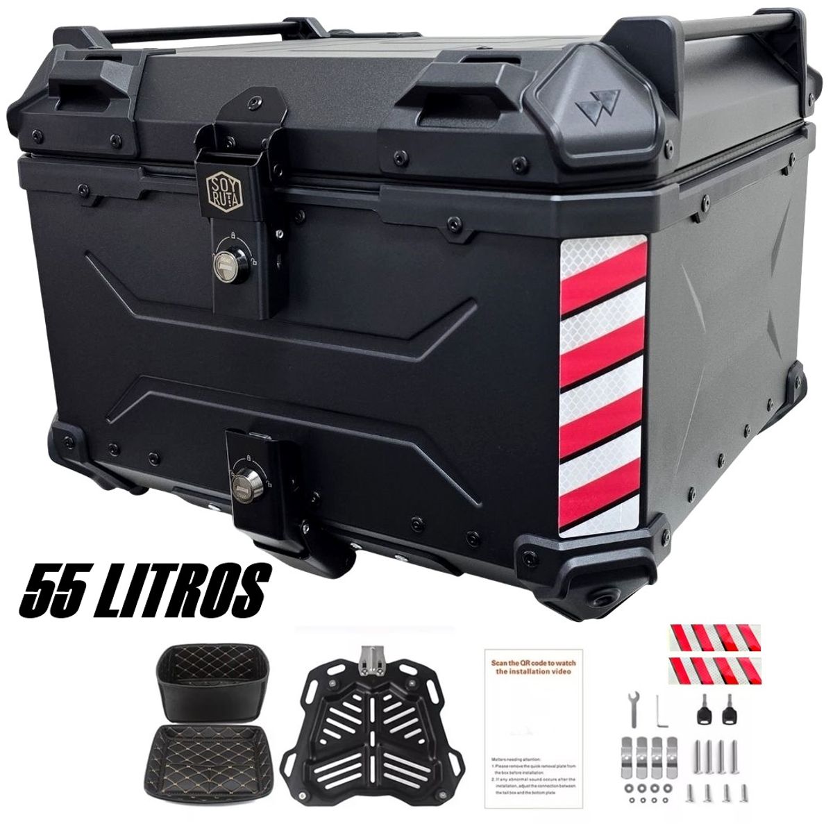 GENERICO - Maleta de moto Top case 55 litros Aluminio 2mm Negro desmontable prémium