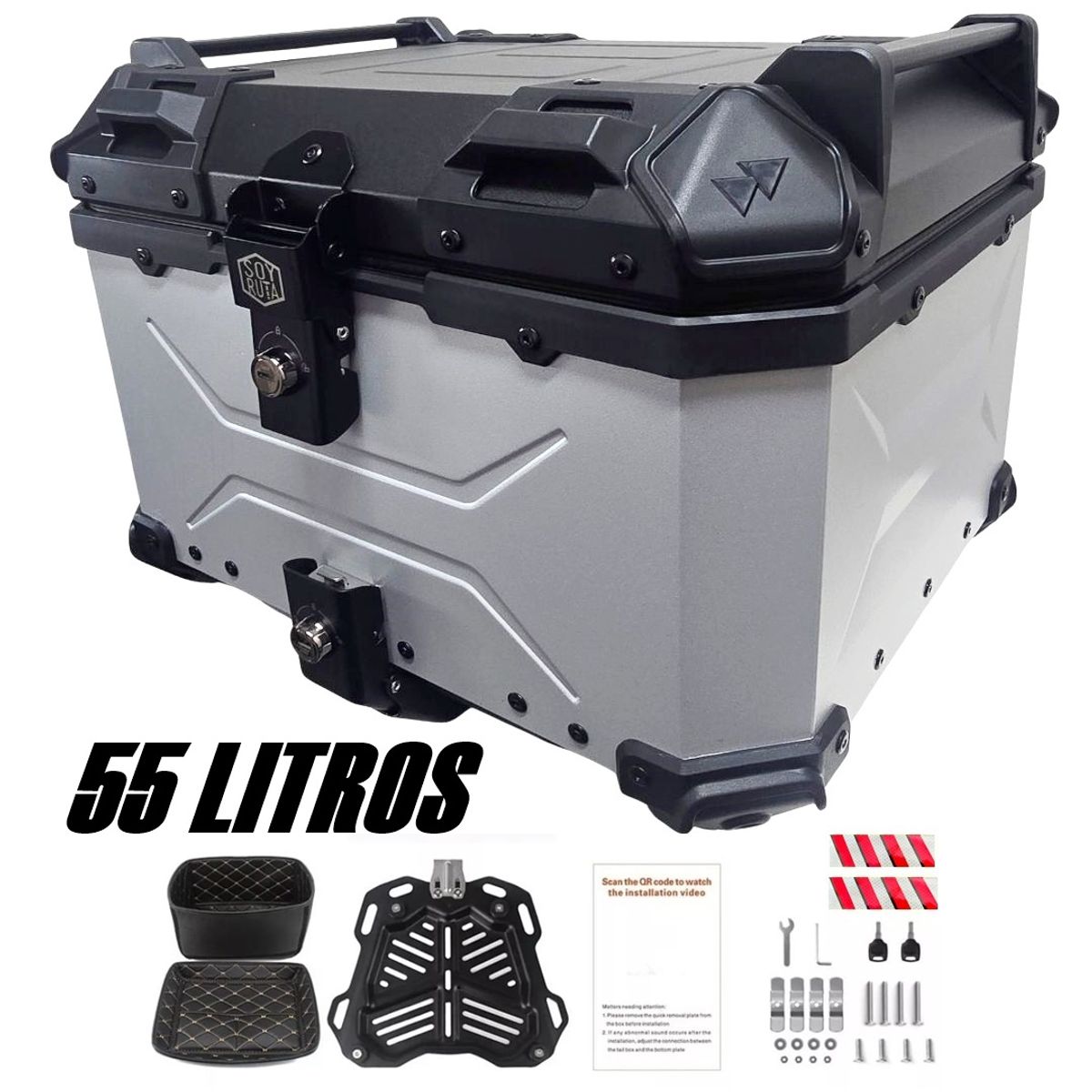 GENERICO - Maleta de moto Top case 55 litros Aluminio 2mm GRIS desmontable Premium