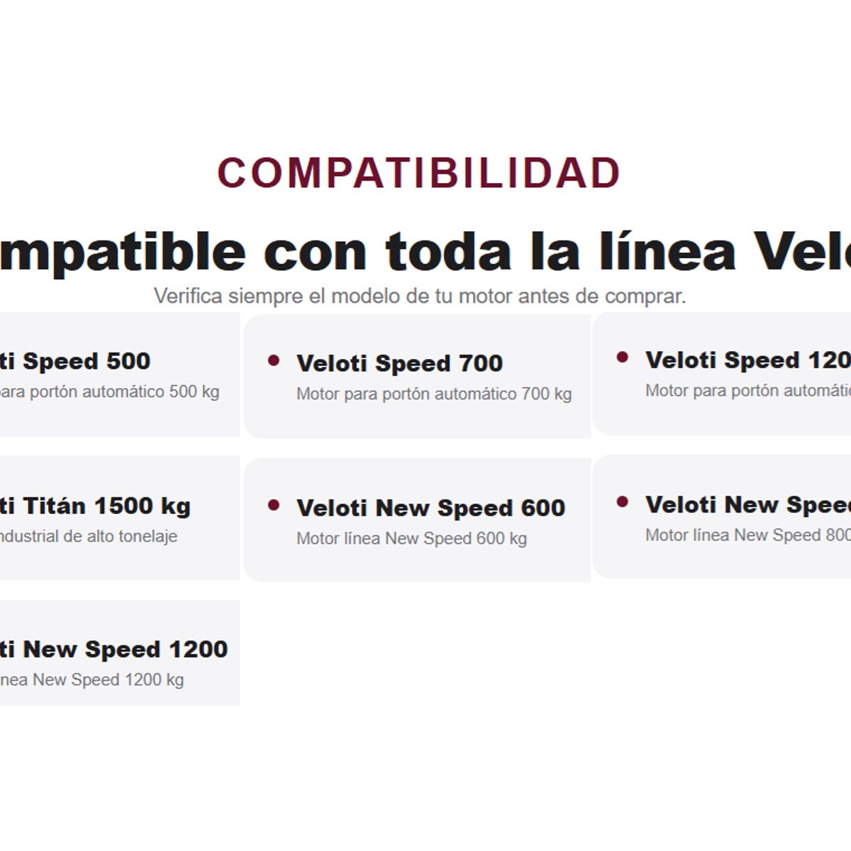 VELOTI - Central Flex 500, 700, 800 y 1200, Titán 1500 kg y Veloti New SPEED