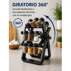 MOVI - Organizador Giratorio de Especias con 12 Frascos de Vidrio - Especiero Moderno Multiuso Negro