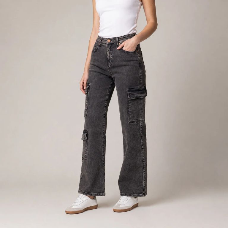 Jeans Mujer Cargo Denim Matizado Negro 34