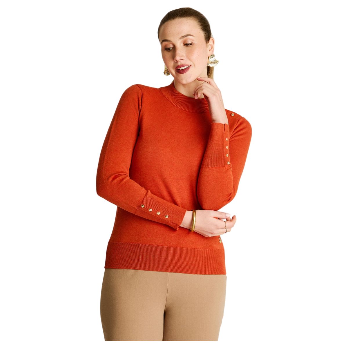 LORENZO DI PONTTI - Sweater Cuello Mock Botones Hombro Mangas Mujer Terracota
