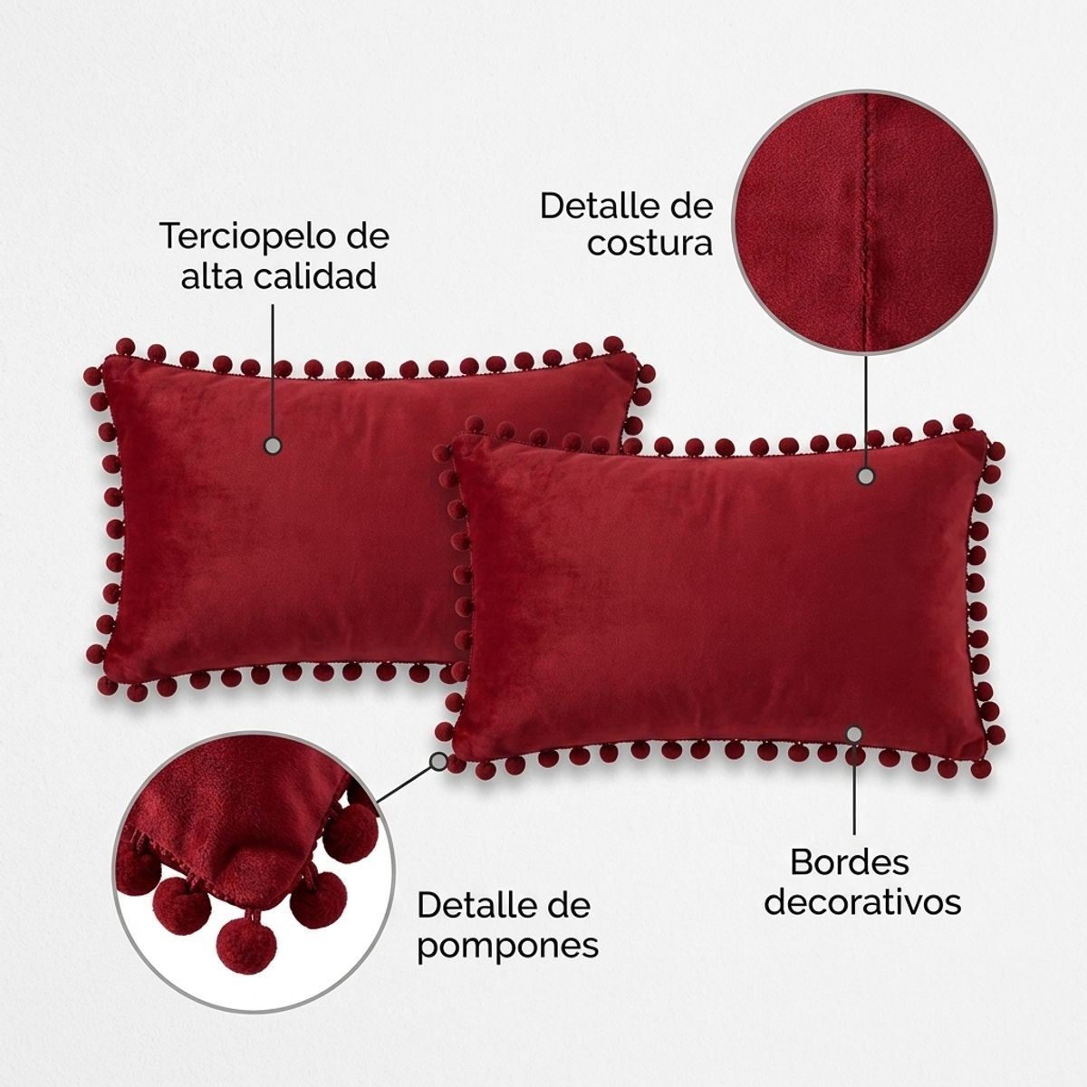 ARMONIA - Pack 2 Fundas Terciopelo Pompon Burdeo Rectangular 30 cm Modelo 88