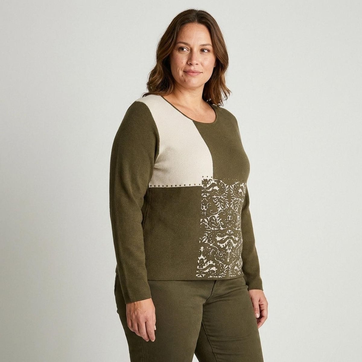 LORENZO DI PONTTI - Sweater Verde con Bloques de Color y Estampado Barroco en Tejido