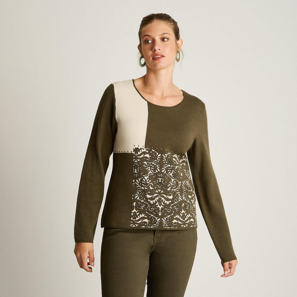 LORENZO DI PONTTI - Sweater Verde con Bloques de Color y Estampado Barroco en Tejido