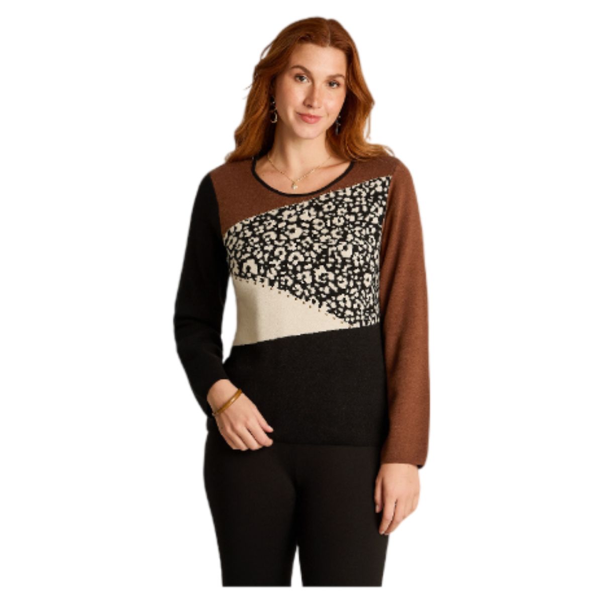 LORENZO DI PONTTI - Sweater Negro con Bloques de Color y Estampado Animal Print en Tejido