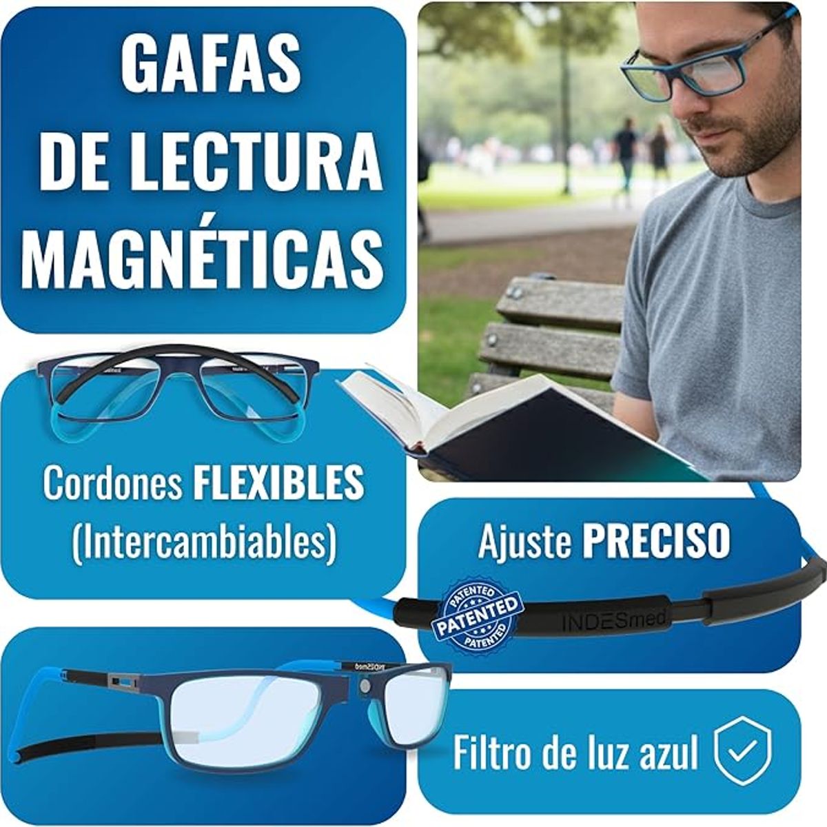 INDESMED - Gafas lentes para presbicia c filtro luz azul + cordón + funda premium - Naranja - 1.5+