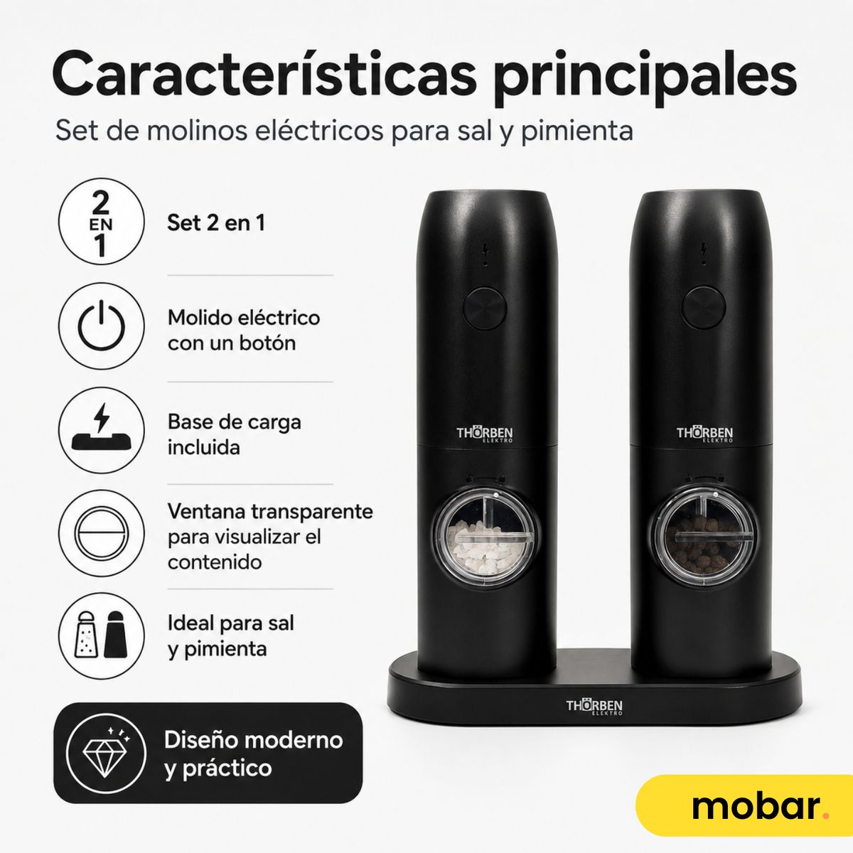 THORBEN - Moledora De Especias Usb Thor Grinder Set 2 Molinillos