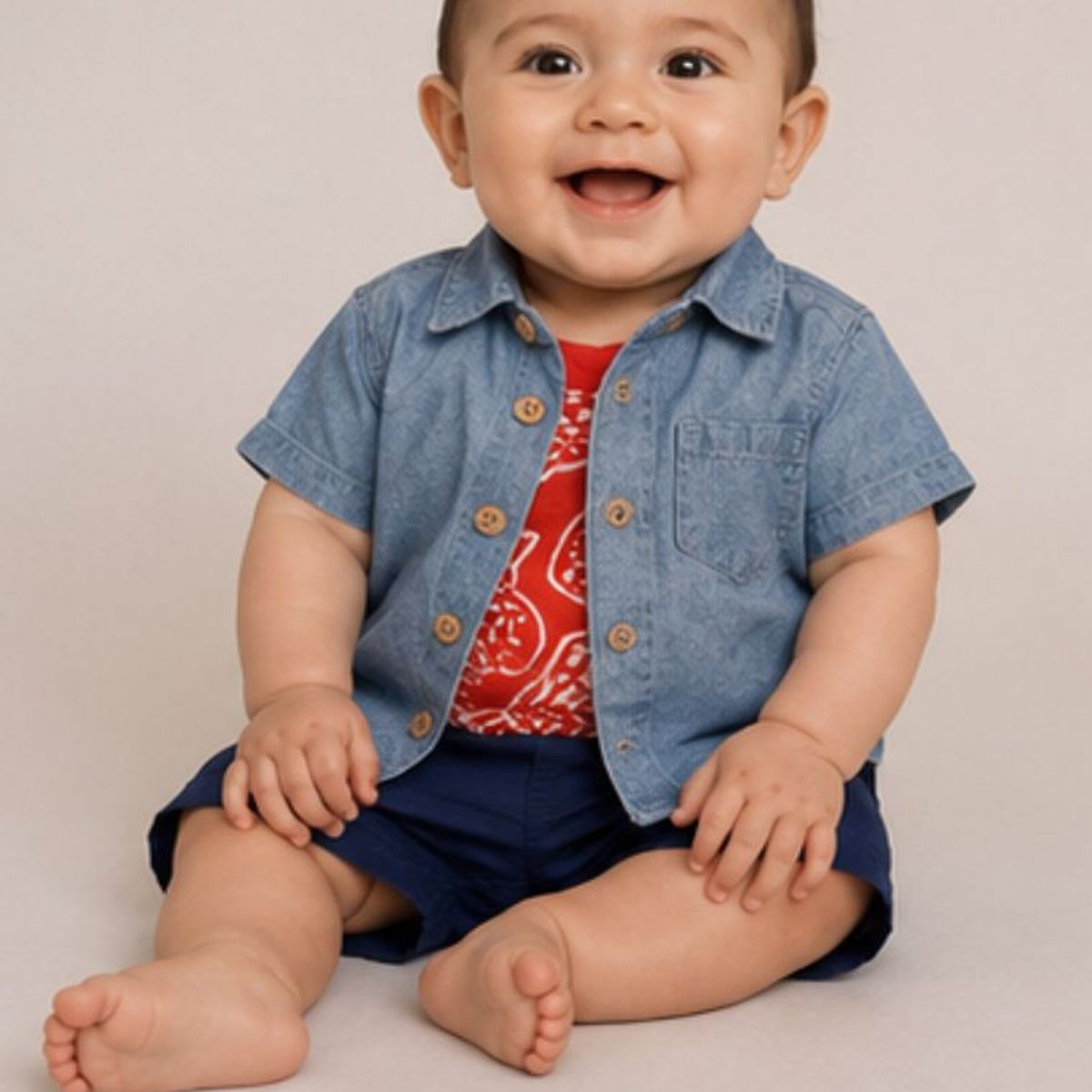 GENERAL - Conjunto Bebé Niño 3 Piezas Body, Camisa Denim y Short