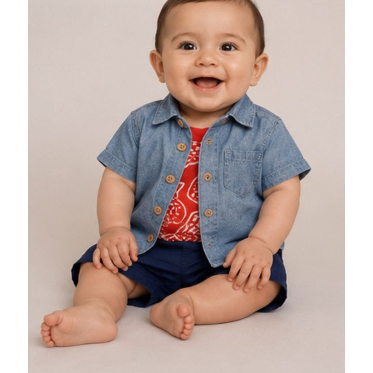 GENERAL - Conjunto Bebé Niño 3 Piezas Body, Camisa Denim y Short