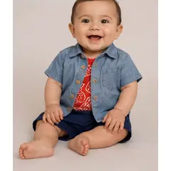 GENERAL - Conjunto Bebé Niño 3 Piezas Body, Camisa Denim y Short
