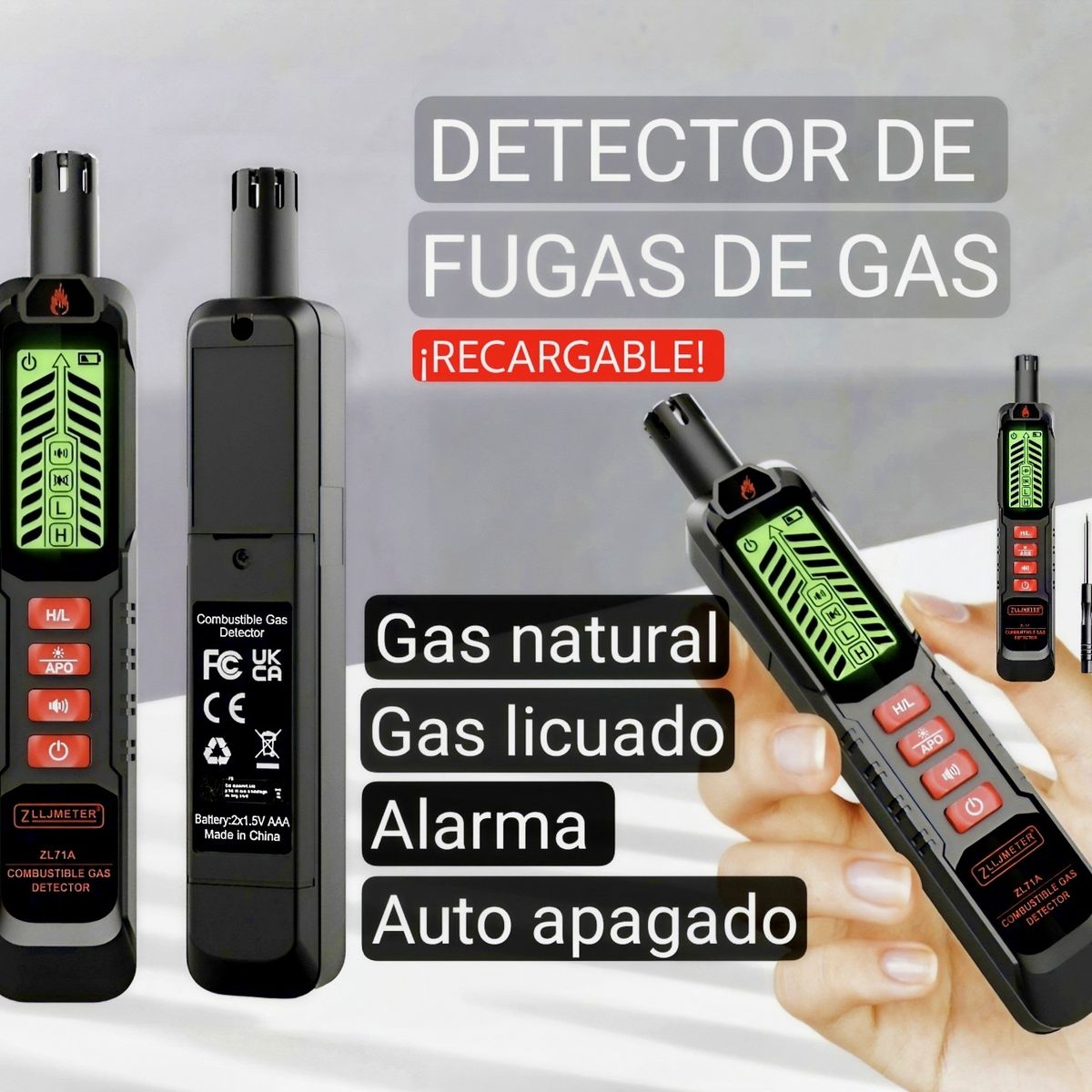 GENERICO - Detector de fugas de gas licuado, gas natural. Recargable. Gasfiter. Con alarma.