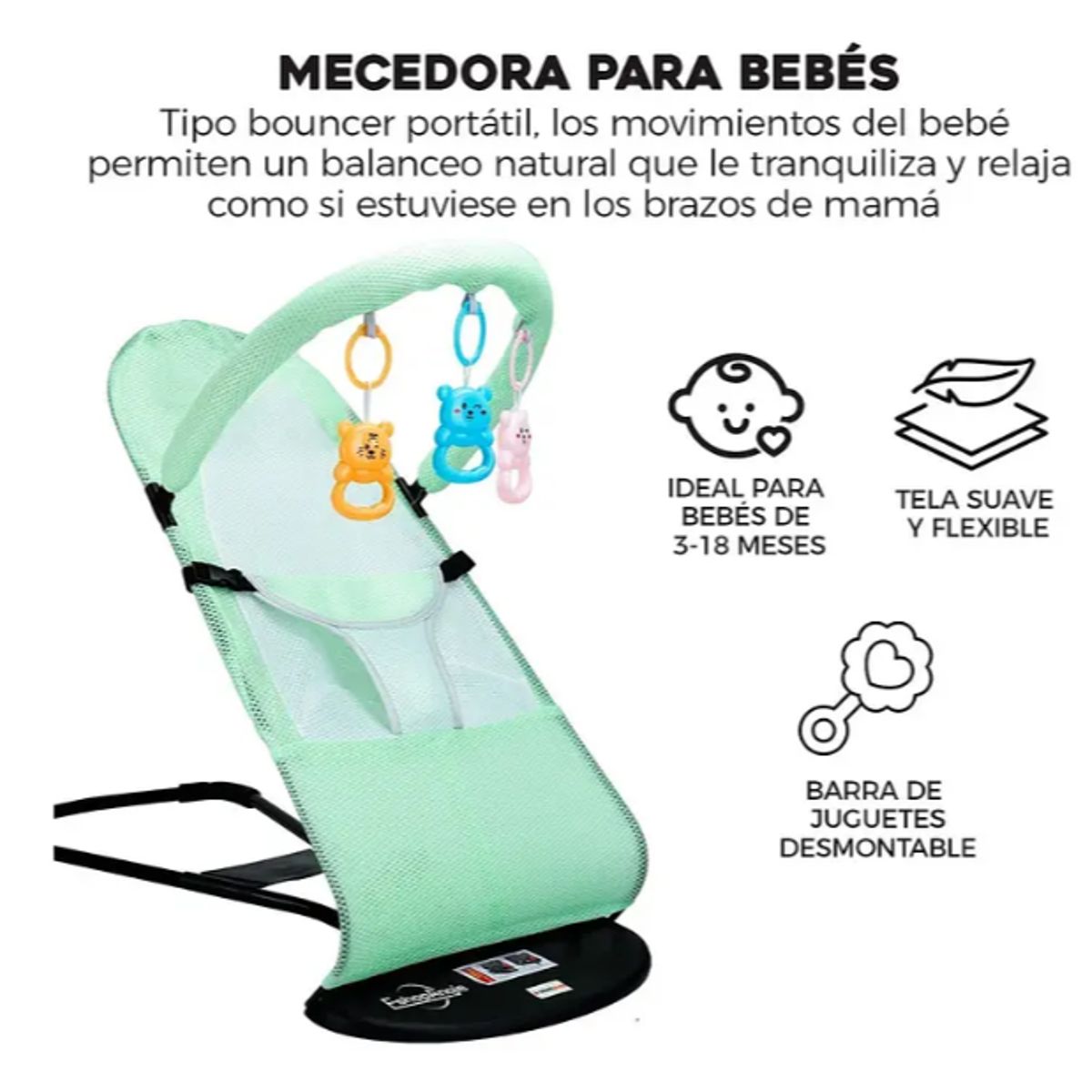 GENERICO - Silla Mecerora Bebe Verde Plegable Con Juguetes Y Arnés Color Unisex
