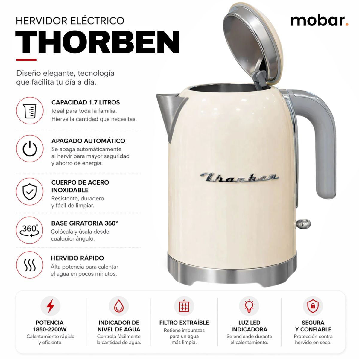THORBEN - Hervidor Electrico De Agua Thorben Retro Style Kettle 1.7 Lt Crema