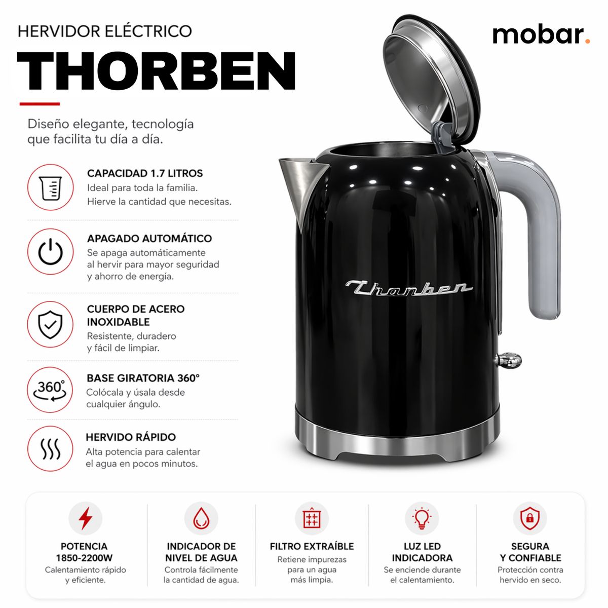 Hervidor Electrico De Agua Thorben Retro Style Kettle 1.7 Lt Negro, marca THORBEN - Foto 2