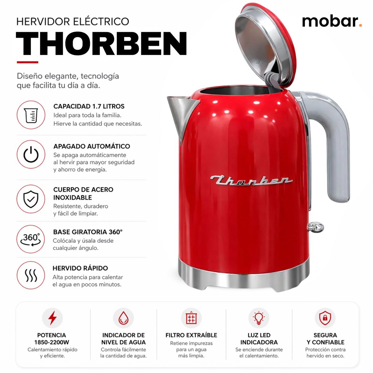 THORBEN - Hervidor Electrico De Agua Thorben Retro Style Kettle 1.7 Lt Rojo