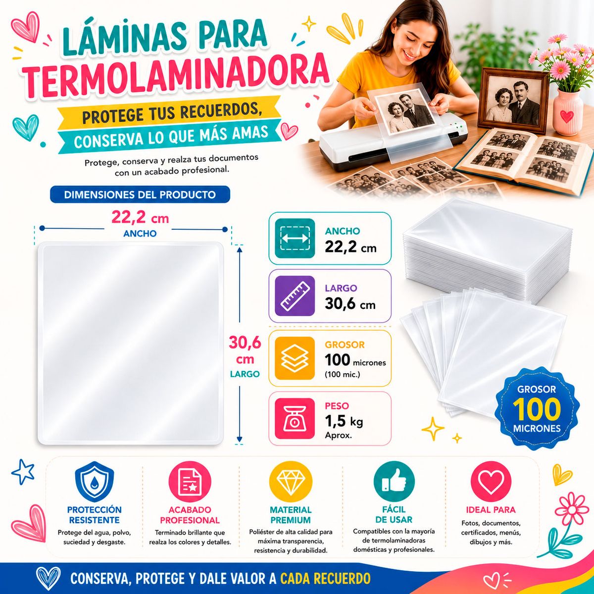 TERMOLAM - Laminas para Termolaminadora - Plastificadora - A4 100 mic. 230x303mm 100 U