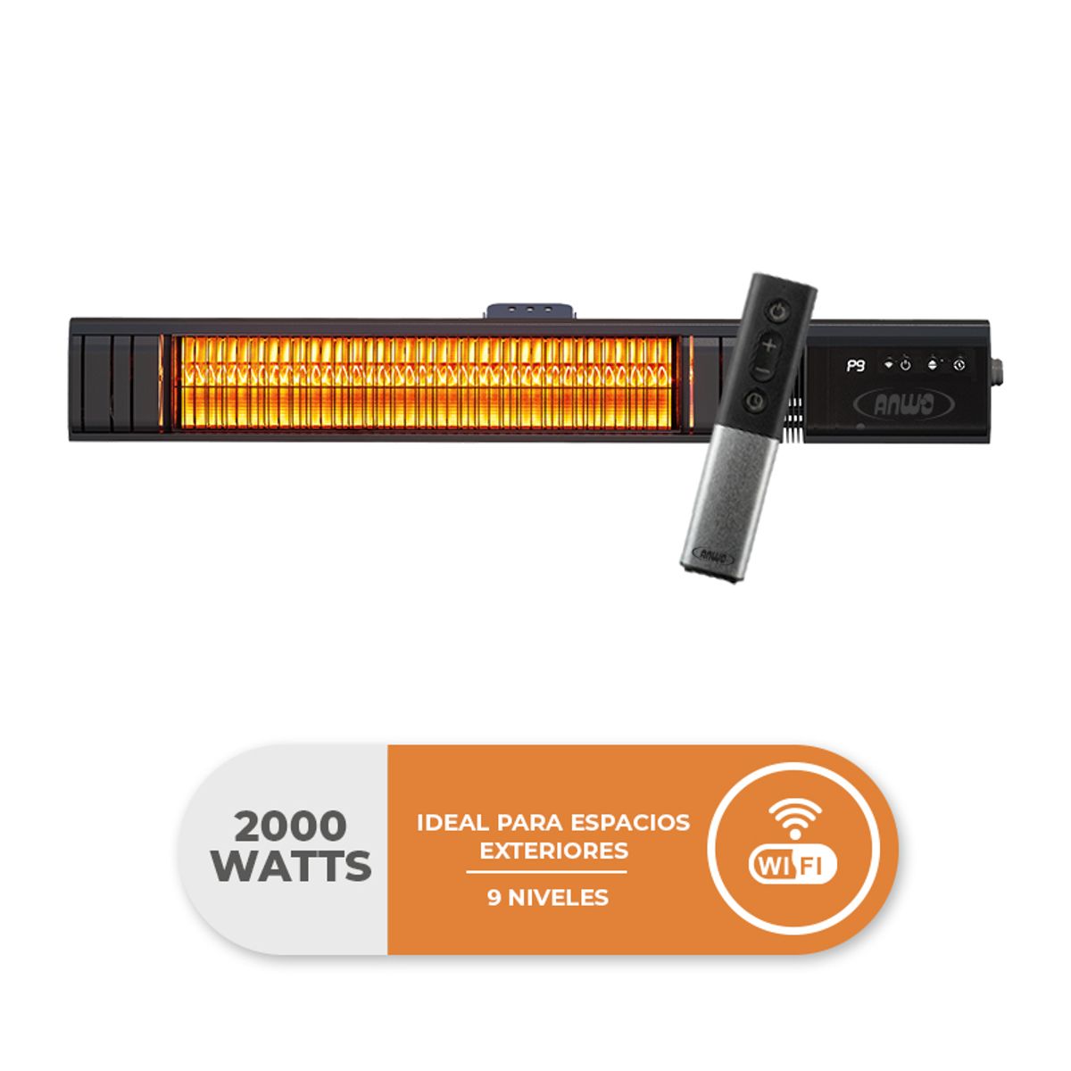 ANWO - Calefactor Electrico de Terraza Muro ANWO 2000W WiFi Control Remoto 9 Modos de Calor IP65 Infrarrojo