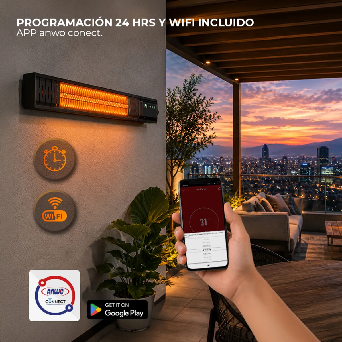 ANWO - Calefactor Electrico de Terraza Muro ANWO 2000W WiFi Control Remoto 9 Modos de Calor IP65 Infrarrojo