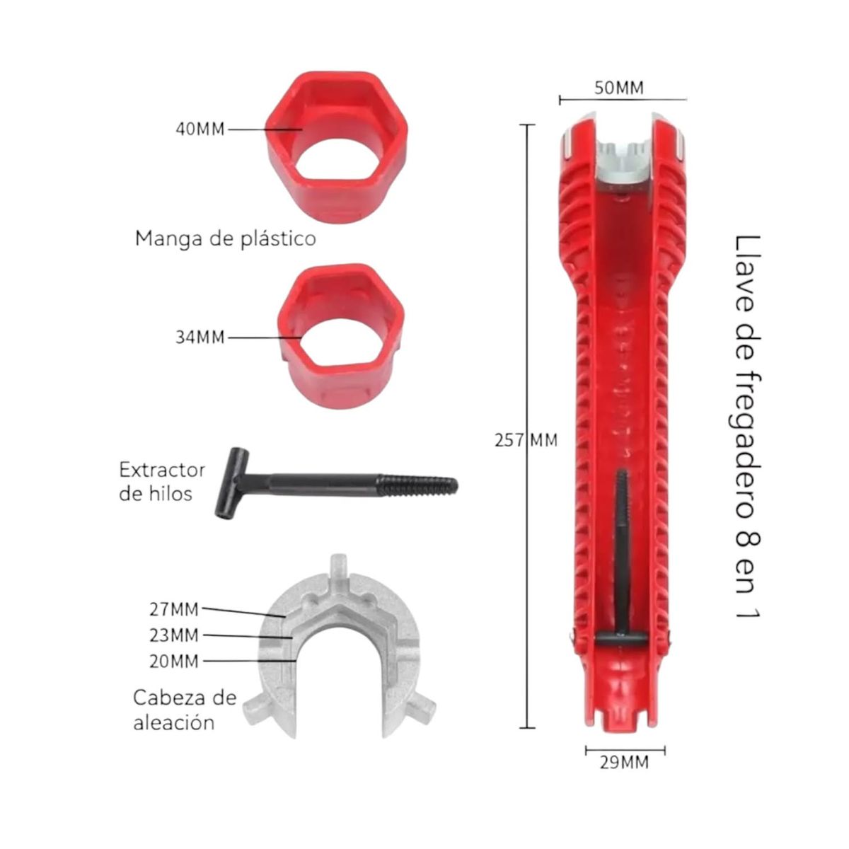 OEM - Llave Multifunciones Instalador De Fregadero o reparación 8 En1 color rojo