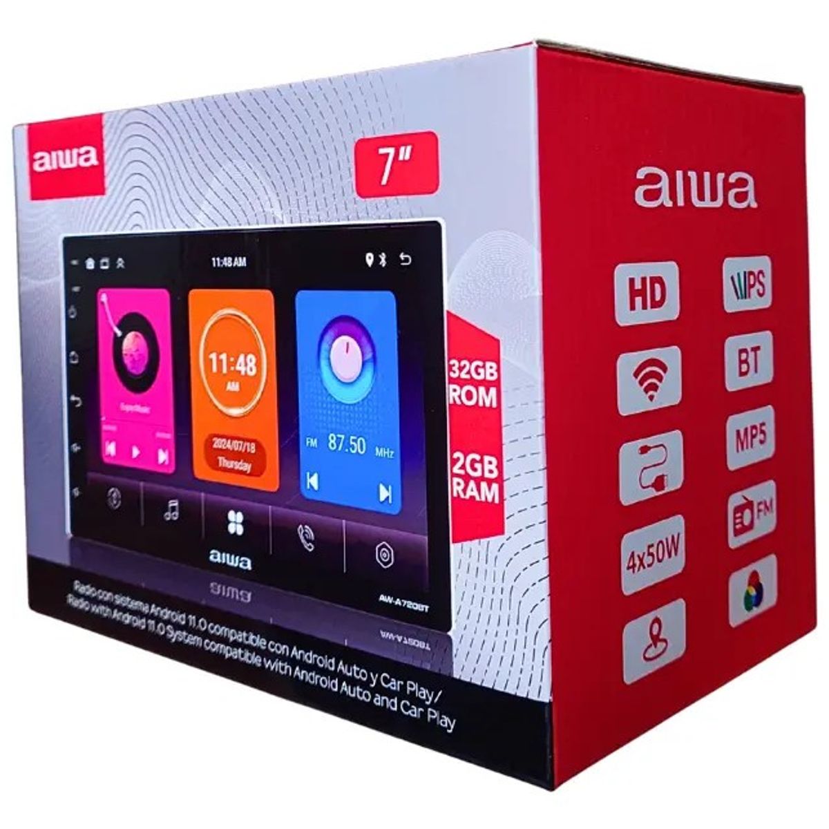 AIWA - Radio Auto Aiwa 7 Pulgadas Car Play Android Auto Mic + Cam Negro AW-A720bt
