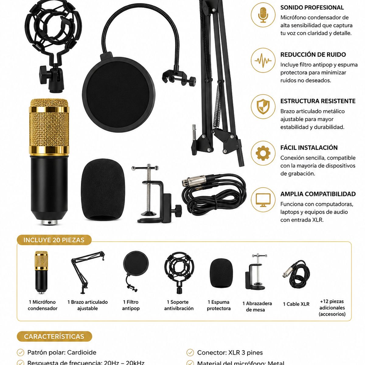 GENERICO - Kit Micrófono Condensador Profesional para Streaming y Podcast