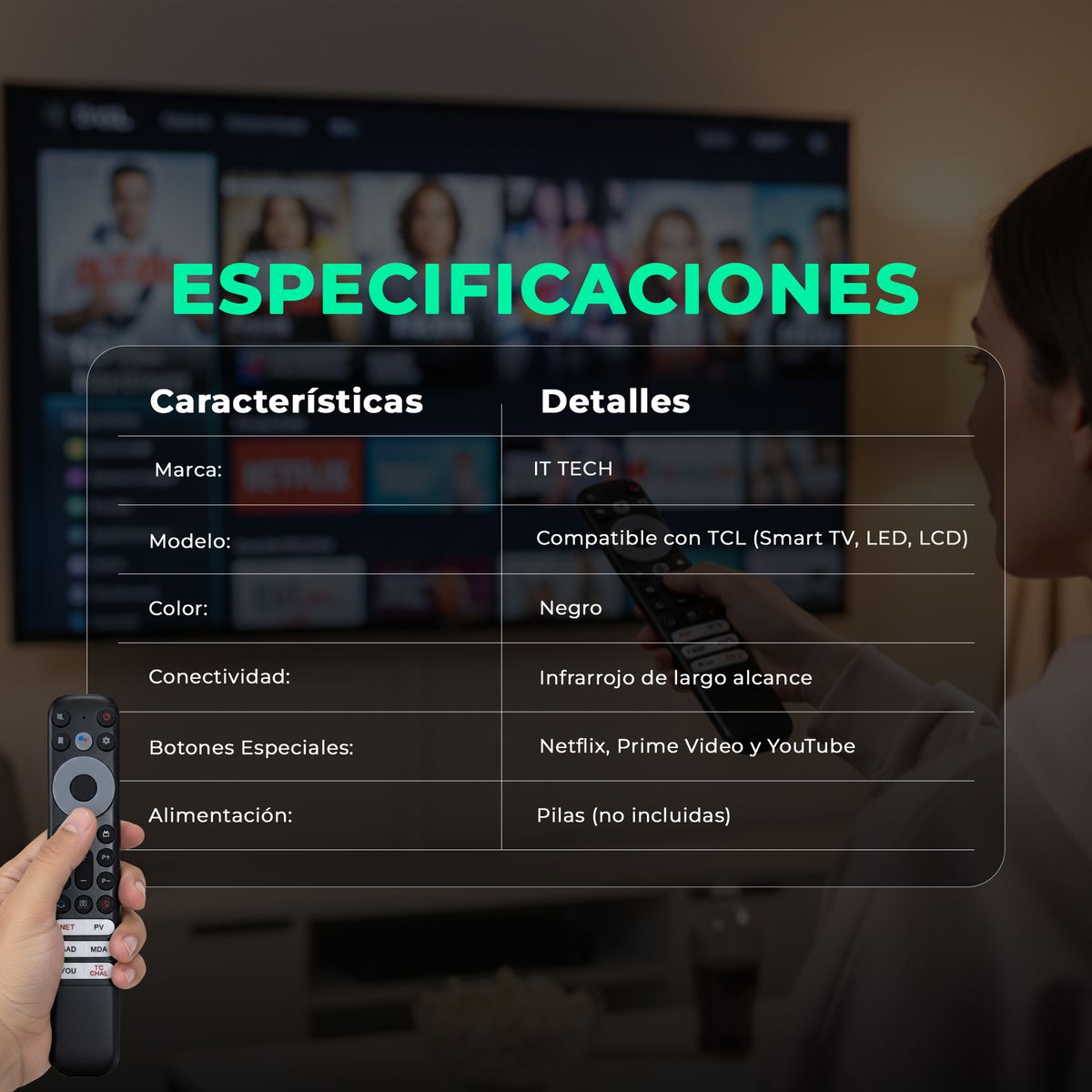 GENERICO - Control Remoto It Tech Para Smart Tv Tcl Con Botones Netflix, Prime Video Y Youtube Negro