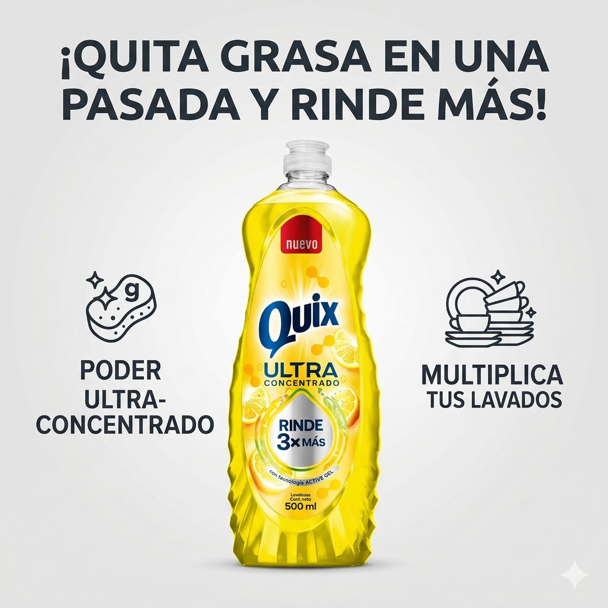 QUIX - Lavaloza Quix Amarillo 500 ml Alto Poder Desengrasante