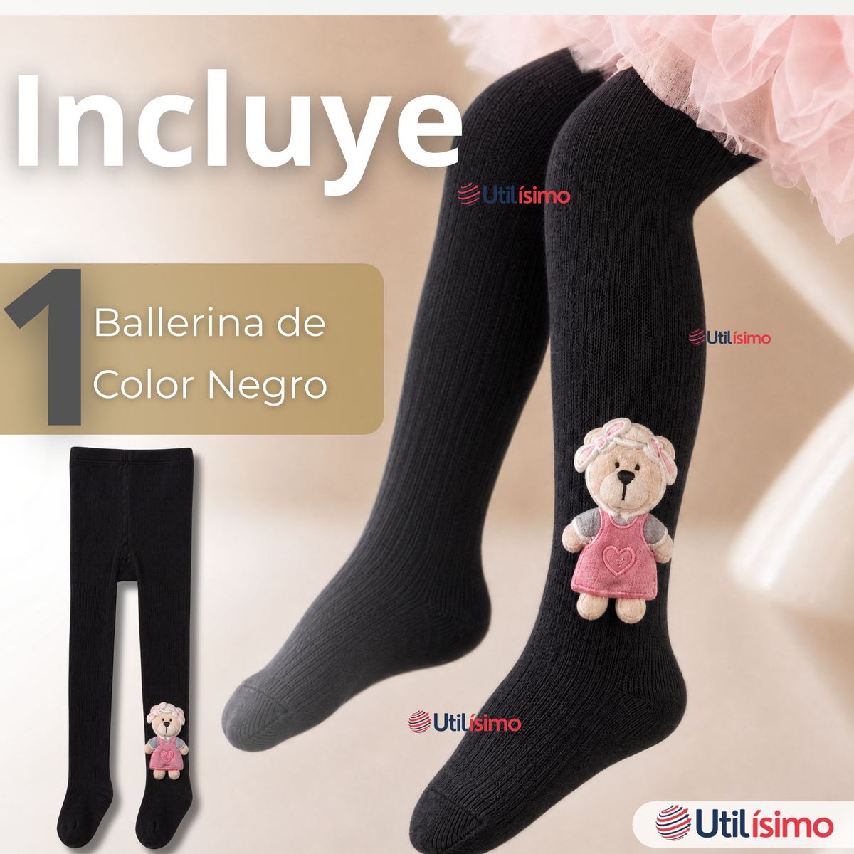 JUMP KIDS - Panty 3D Osito Negro Tejida Niña Ballerina 78% Algodón Premium