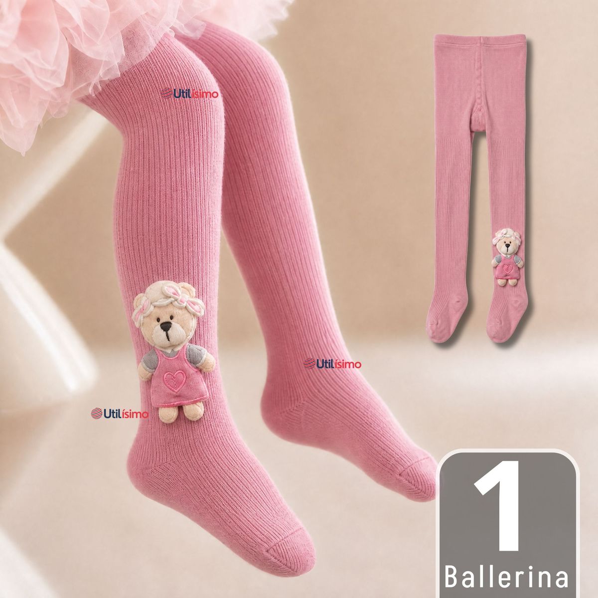 JUMP KIDS - Panty 3D Osito Rosado Tejida Niña Ballerina 78% Algodón Premium