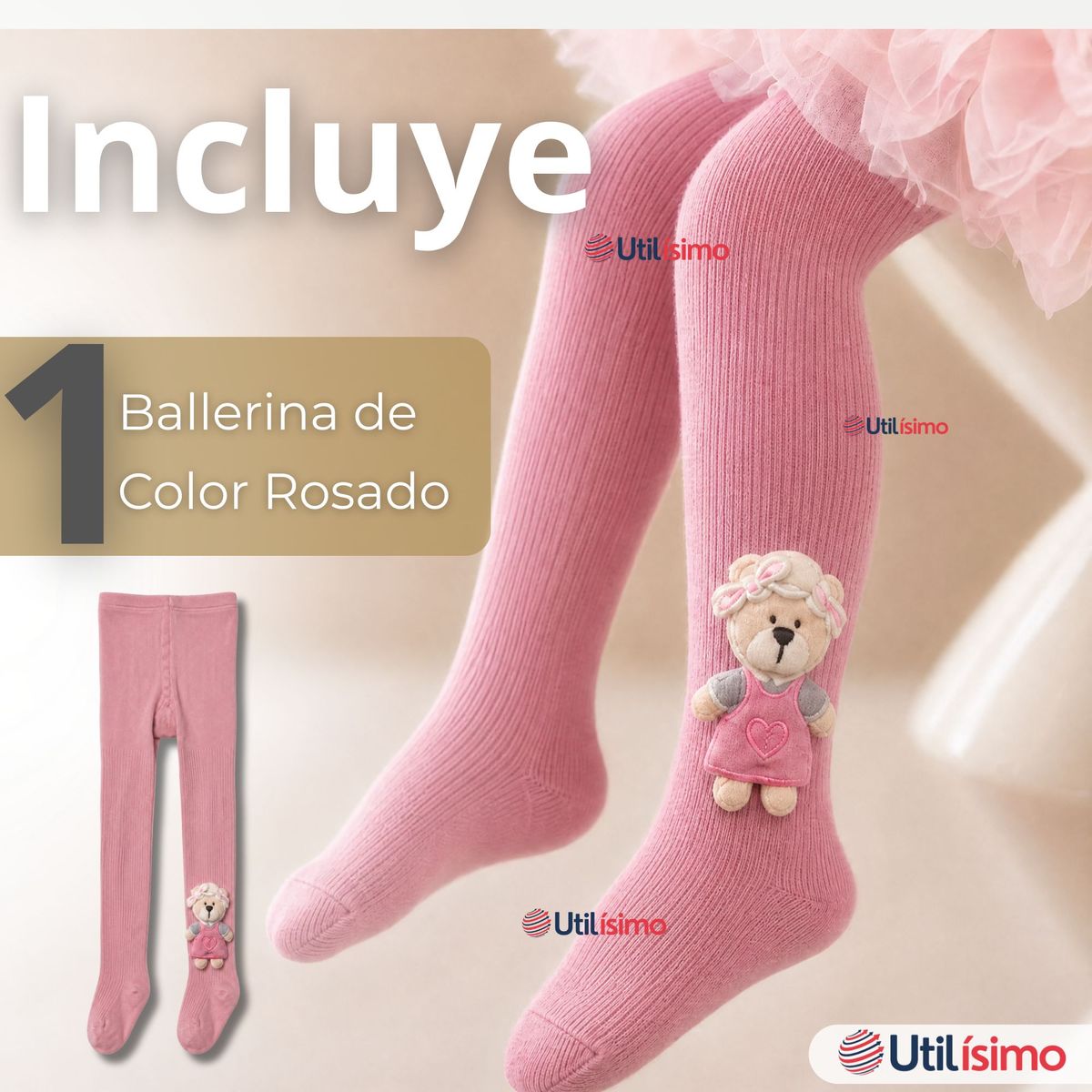 JUMP KIDS - Panty 3D Osito Rosado Tejida Niña Ballerina 78% Algodón Premium