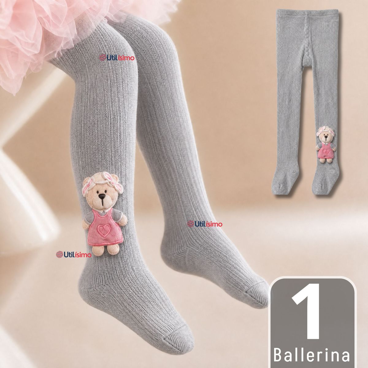 JUMP KIDS - Panty 3D Osito Gris Tejida Niña Ballerina 78% Algodón Premium