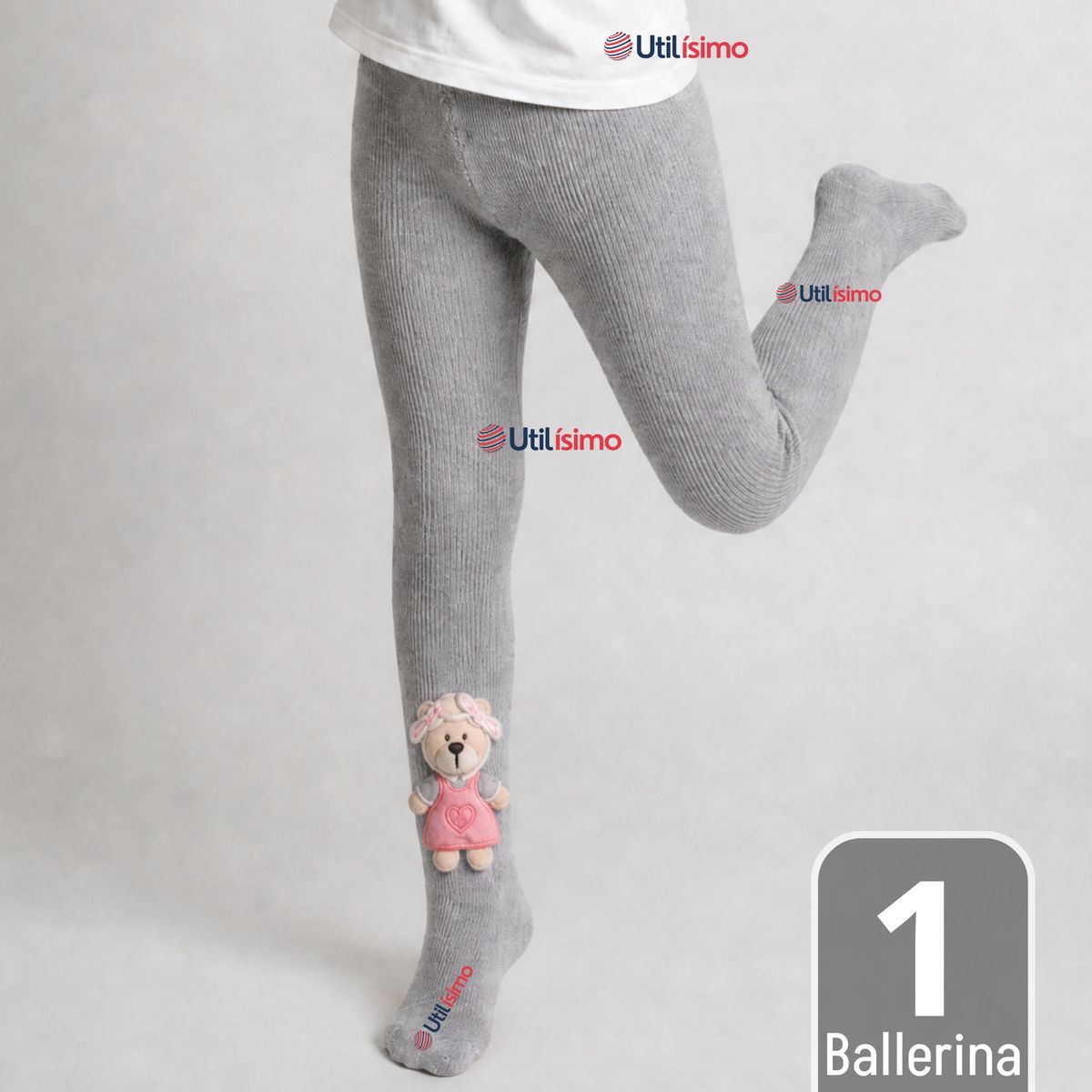 JUMP KIDS - Panty 3D Osito Gris Tejida Niña Ballerina 78% Algodón Premium