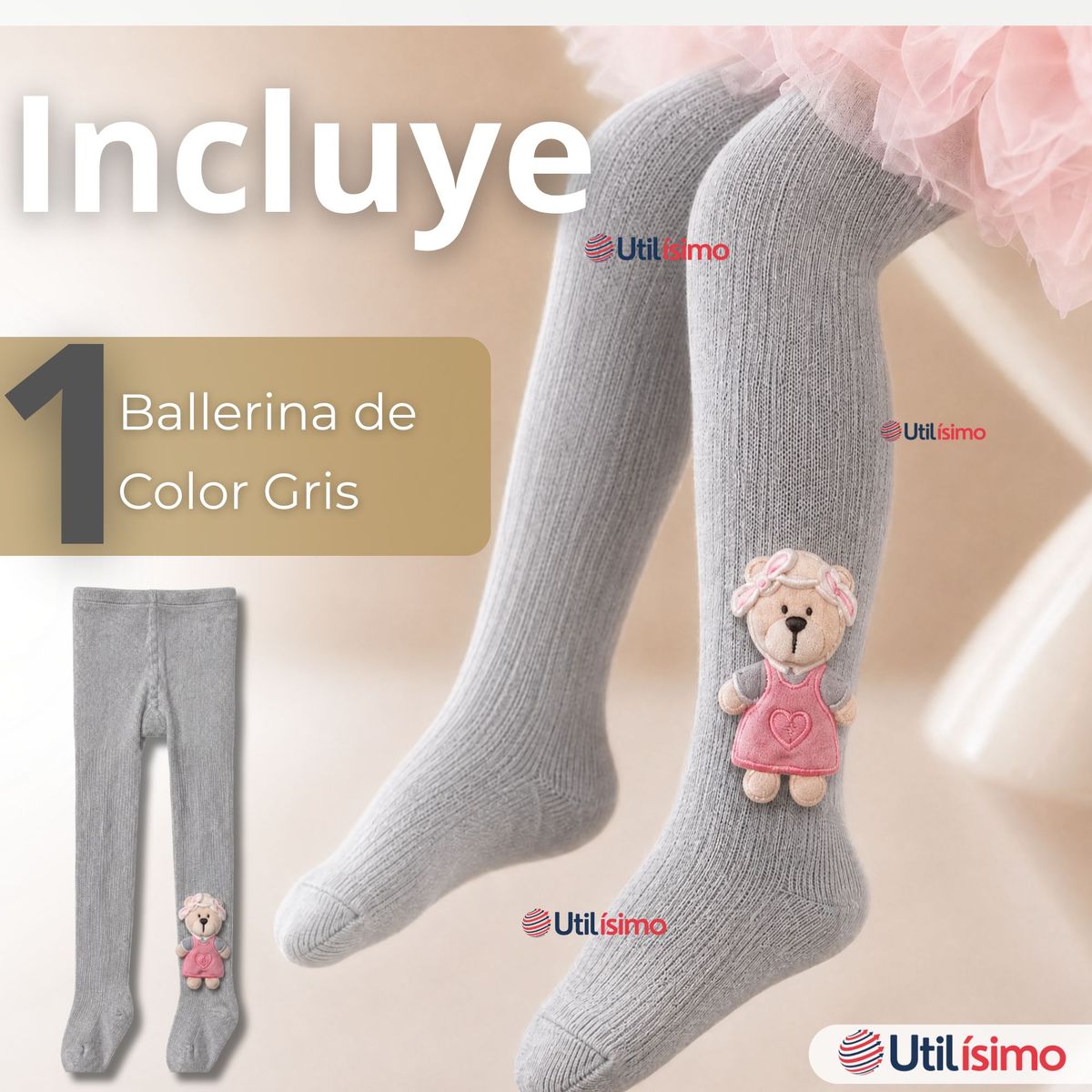 JUMP KIDS - Panty 3D Osito Gris Tejida Niña Ballerina 78% Algodón Premium