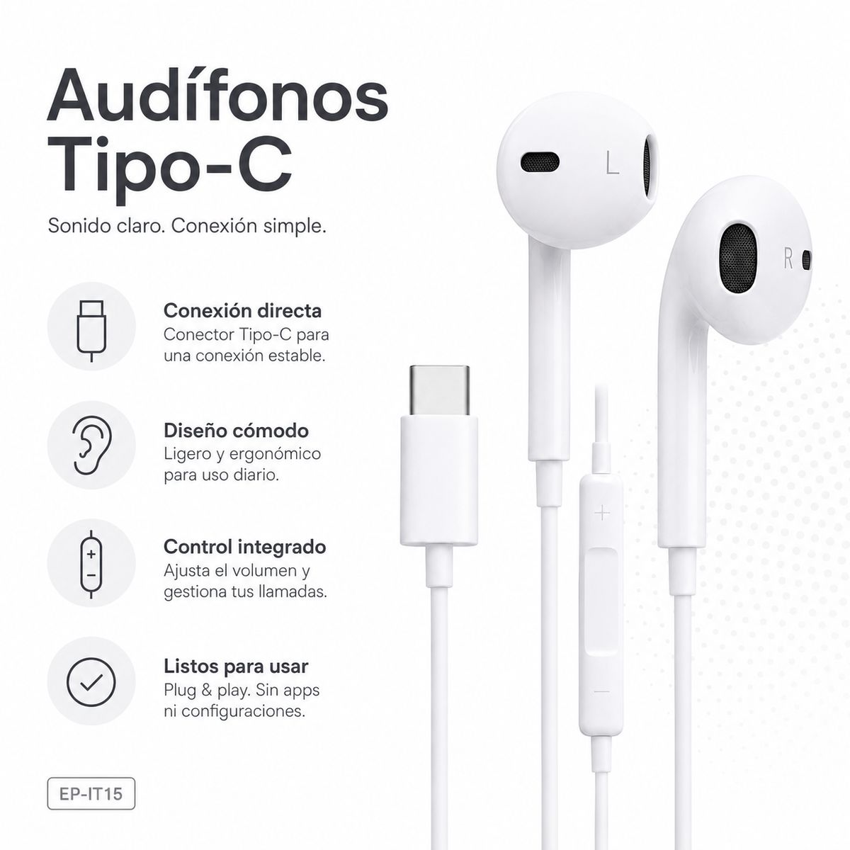 GENERICO - Audífonos Tipo C Con Cable Micrófono Y Control Blanco