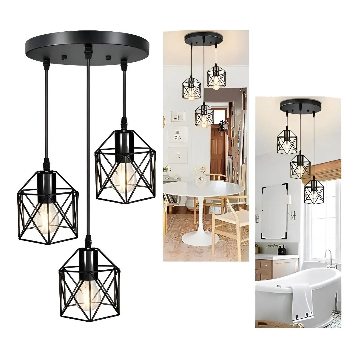 GENERICO - Lámpara Colgante 3 Luces E27 Negro Labg