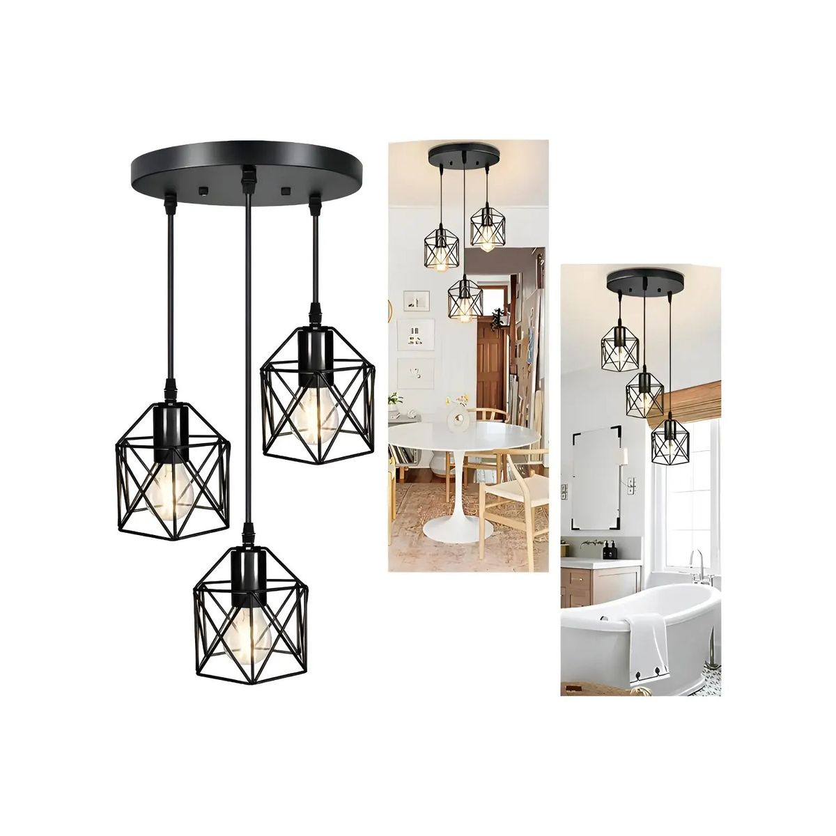 GENERICO - Lámpara Colgante 3 Luces E27 Negro Labg