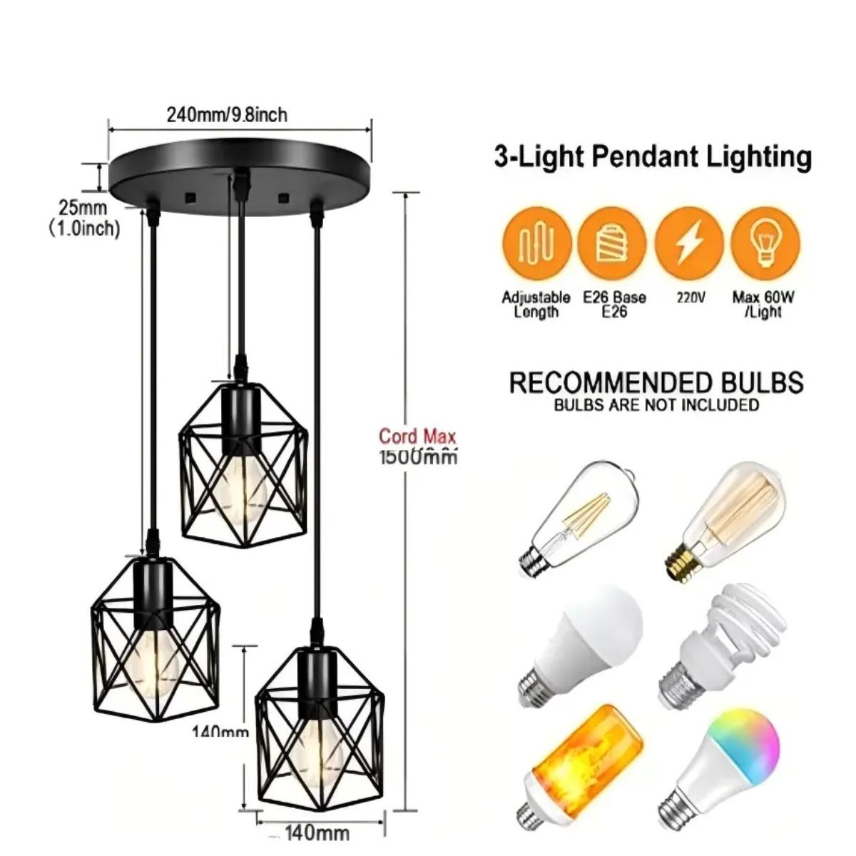 GENERICO - Lámpara Colgante 3 Luces E27 Negro Labg
