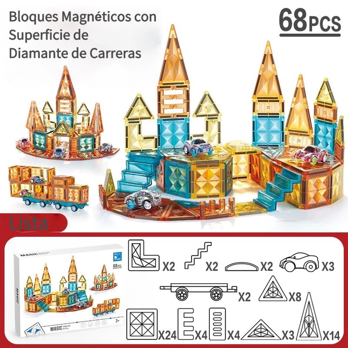 CLEBER - Bloques Magnéticos Pista de Autos Carreras 68 Piezas Juguete Didáctico Cleber 1 Un
