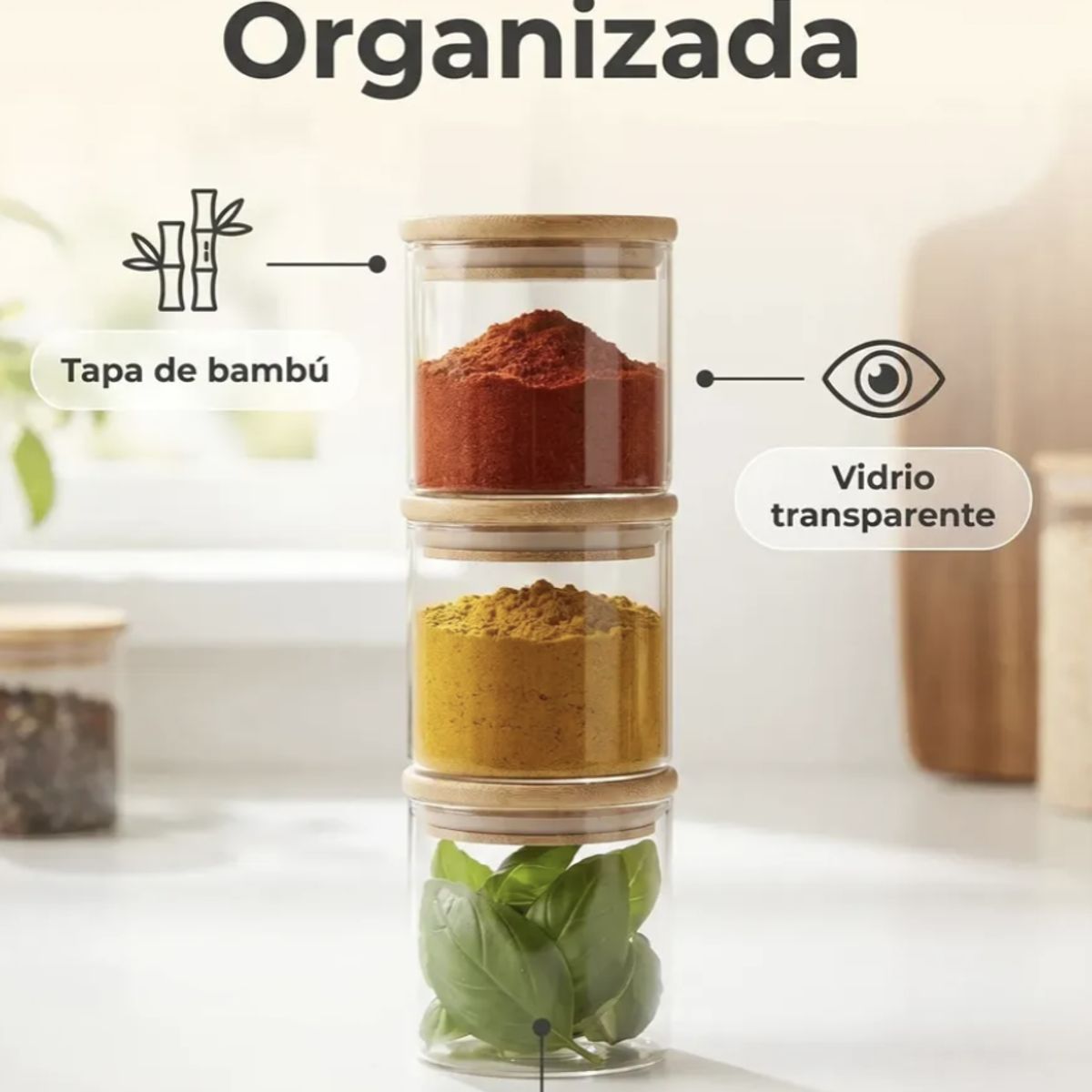 GENERICO - Set 6 Frascos 250ml c/u Para Condimentos Especias Tapa Bambú