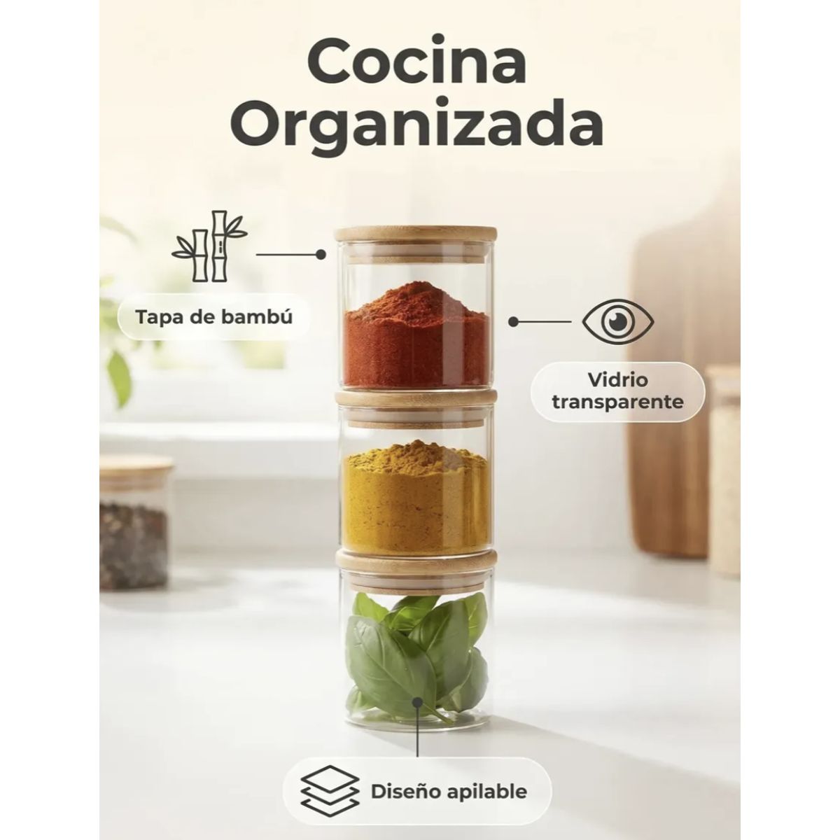 GENERICO - Set 6 Frascos 250ml c/u Para Condimentos Especias Tapa Bambú
