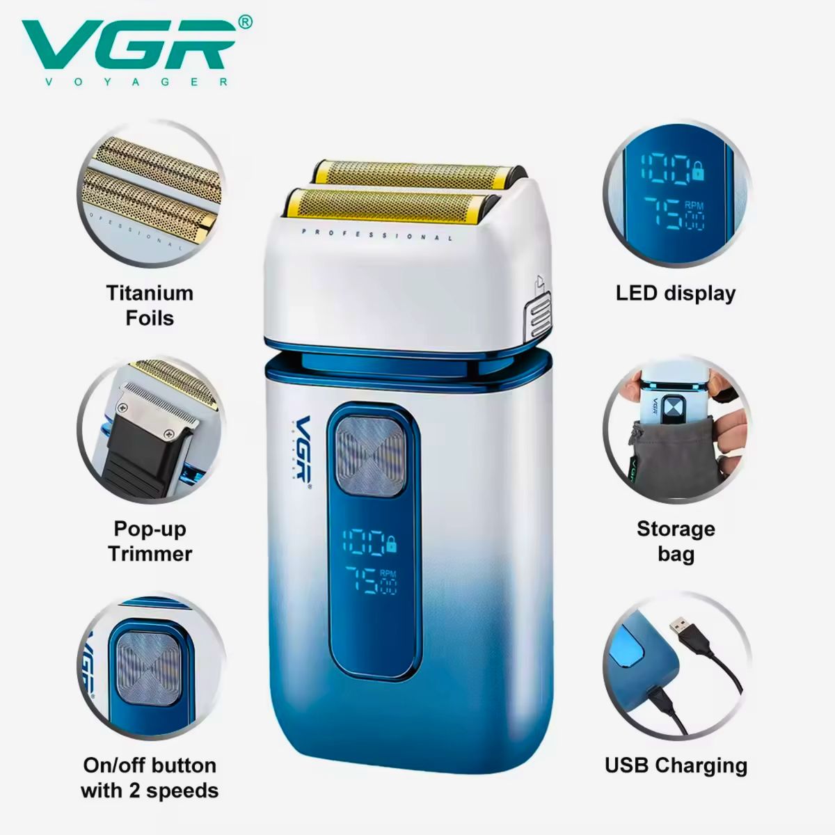 VGR - Afeitadora Shaver Vgr V-362 Eléctrica 2en1 Trimmer Color Blanco
